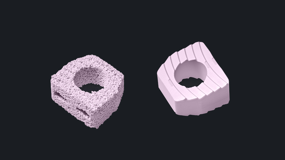 Two porous ceramic spinal cages, one with a rough surface and one with a smooth, segmented design, showcasing innovative materials for spinal fusion procedures.